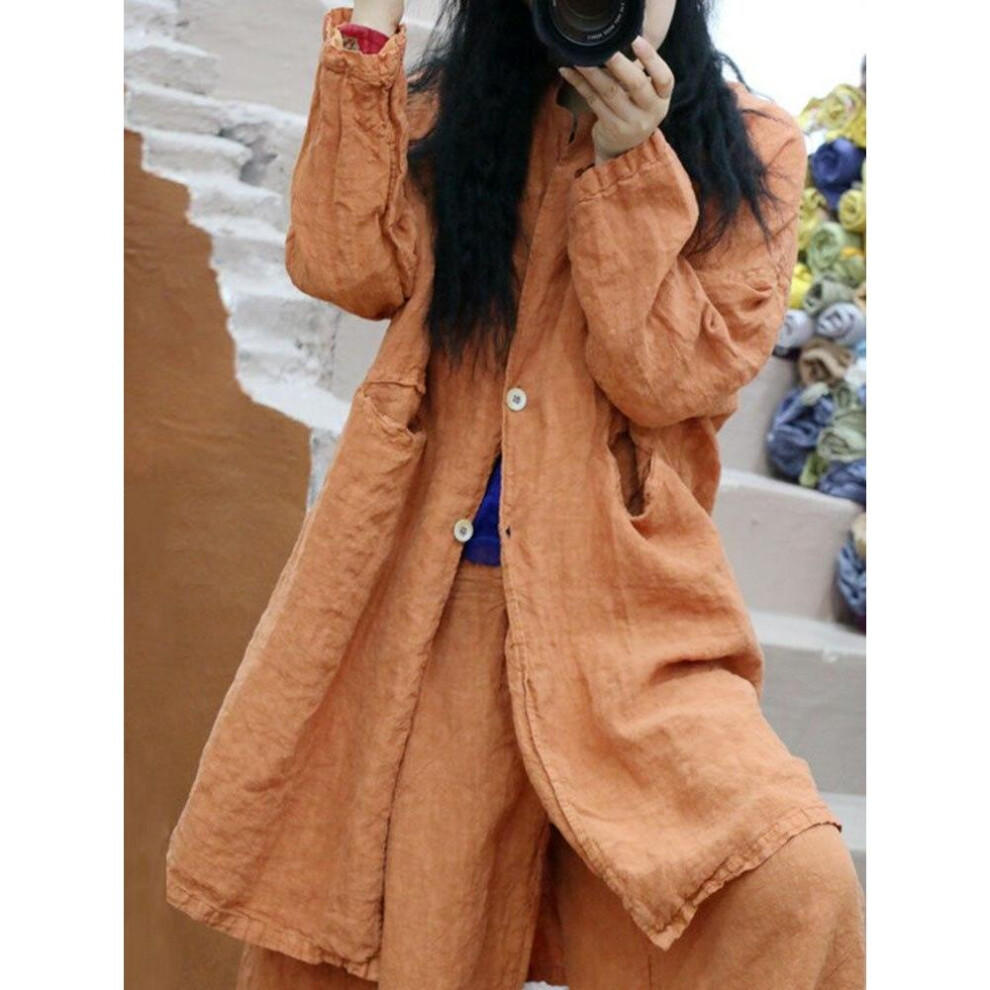 (orange, One Size) Johnature Women Linen Casual Loose Coats Solid Color Simple Korean Style Long Sleeve Clothes Spring Button Coat