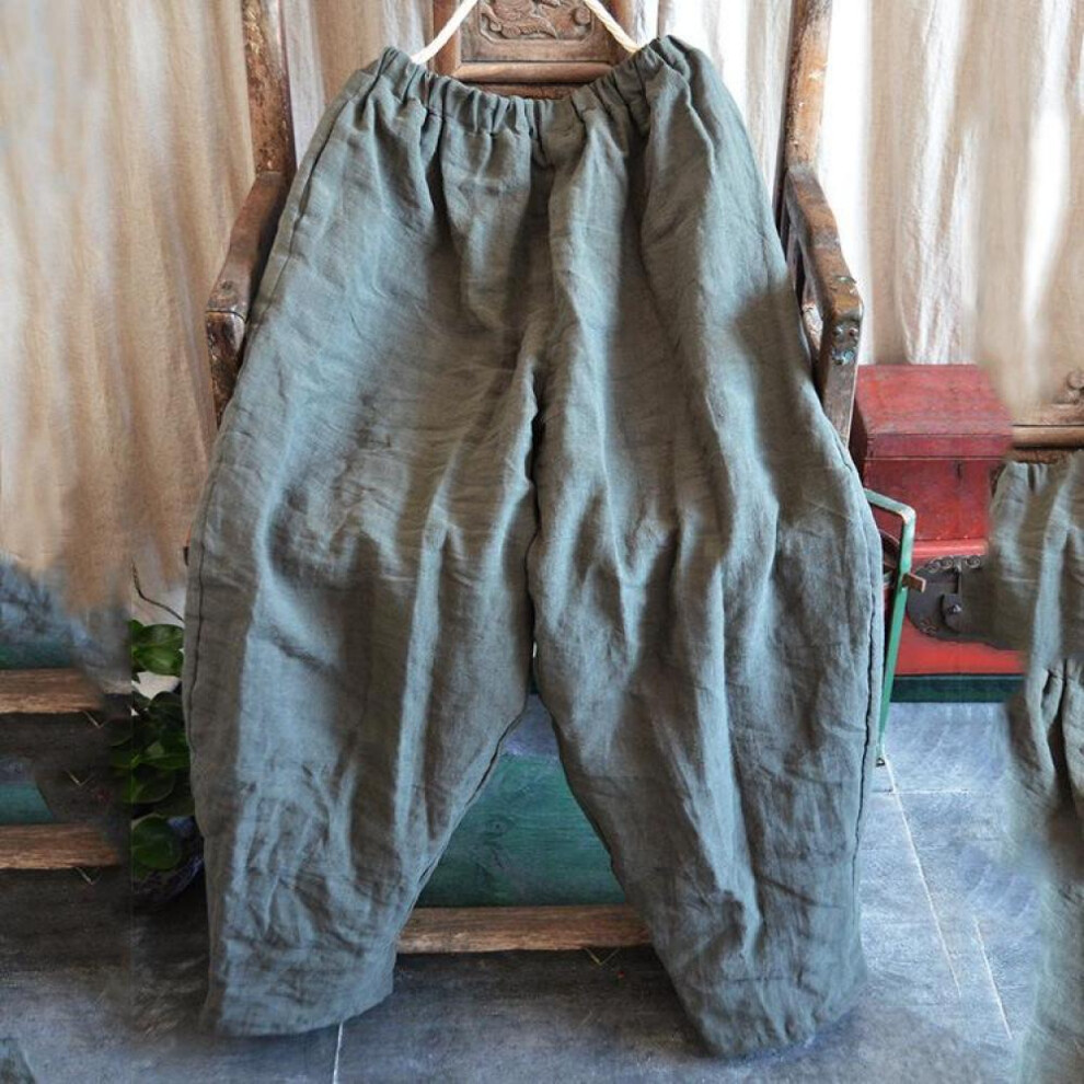 (green, One Size) Johnature Women Winter Wide Leg Pants Cotton Linen Warm Trouser Solid Color Elastic Waist Pockets Vintage Female Pants