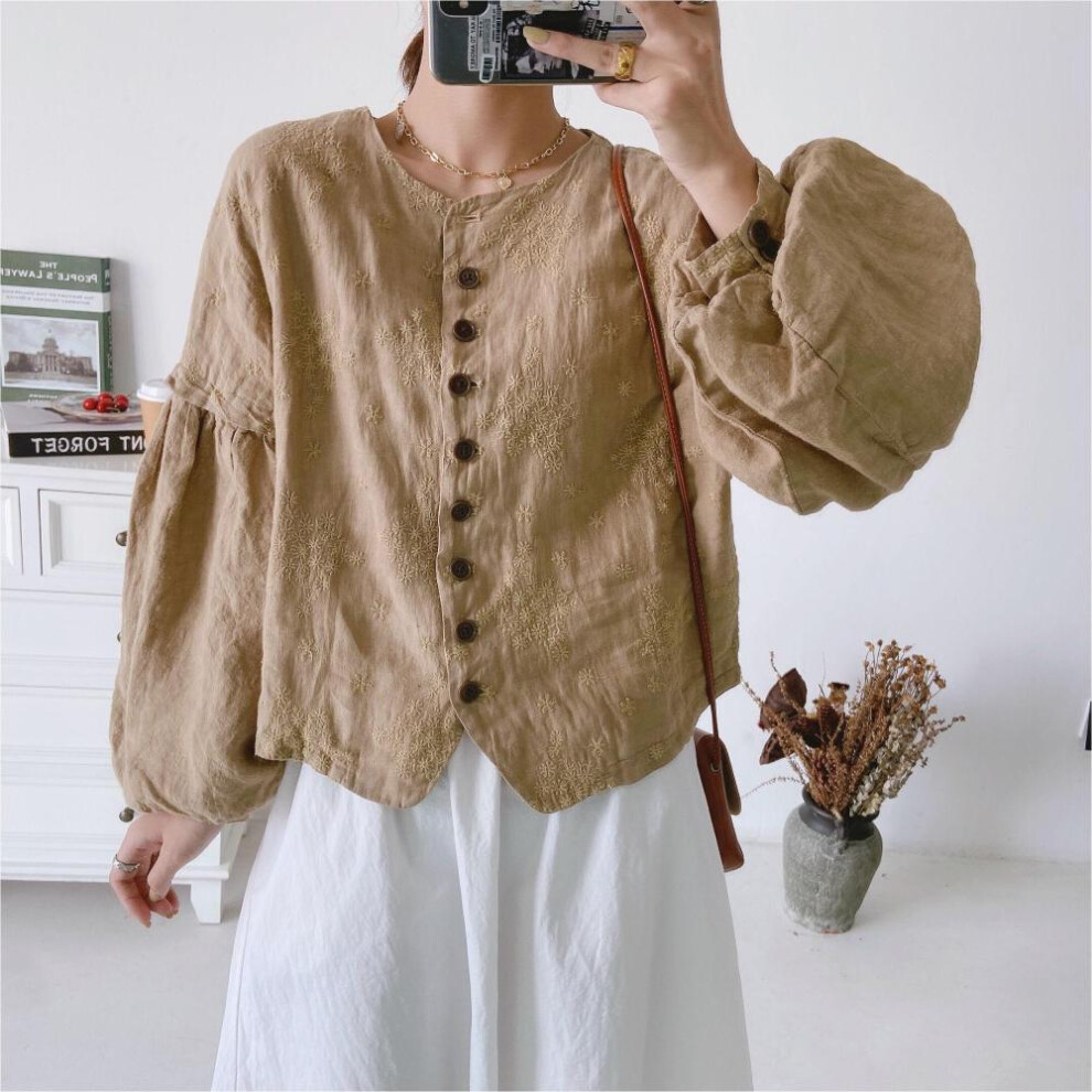 (coffee, One Size) Johnature Autumn Embroidery Linen Vintage Loose Women Jackets Lantern Sleeve Solid Color Single-breasted Coats