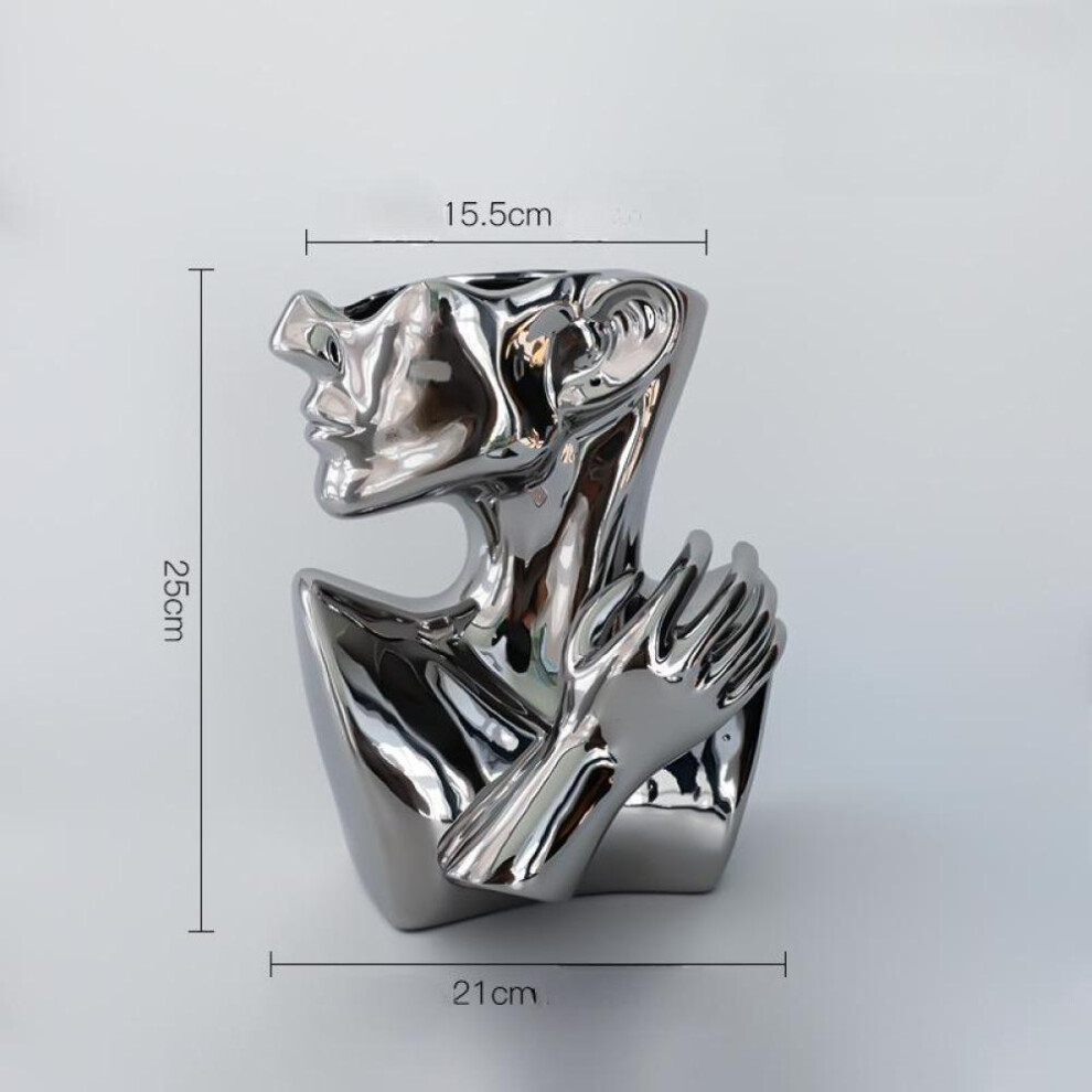 (silver) 1pc Ceramic Greek Statue Face Vase Black White Creative Head Sculpture Flower Pot For Home Decoration Office Table Living Room Centerpiece Decor