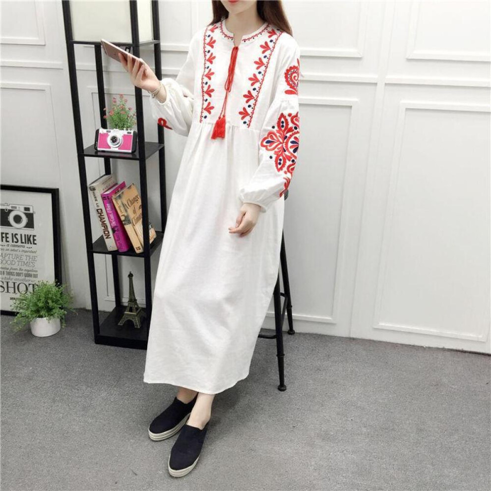 (white, one size) Spring Summer Women&apos;s Embroidered Lace-up Cotton Linen Loose A-line Lantern Long-sleeved Dress