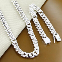 (as the picture, 55cm and 20cm) 925 Sterling Silver 10MM Solid Heavy Chain Bracelet Necklace Jewelry Set for Men 20/22/24 Inch Fashion Wedding Holiday Gift
