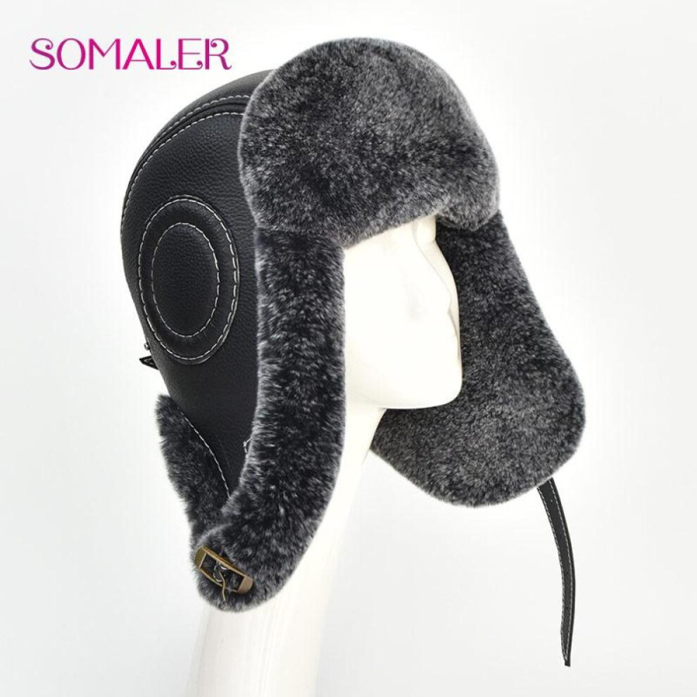 (dark grey,light grey) Somaler Winter Fur Earflap Hat Men Women&apos;s Pilot Aviator Bomber Trapper Hats Real Fox Fur Leather Snow Cap With Ear Flaps