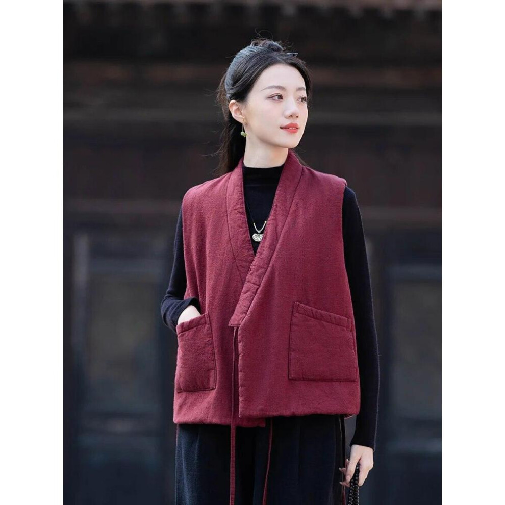 (burgundy, One Size) Johnature Women Chinese Style Bandage Vests Coats V-neck Linen Pockets Solid Color Plus Cotton Clothes Autumn Vests