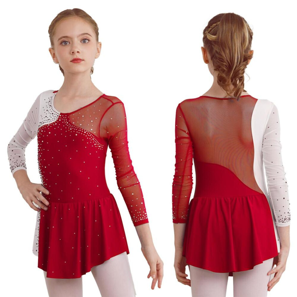 (burgundy, 5-6 Years) Fancy Girls&apos; Ice Skating Leotard Dress Kids Long Sleeve Shiny Rhinestone Ballet Gymnastics Dance Dress Dancing Clothes