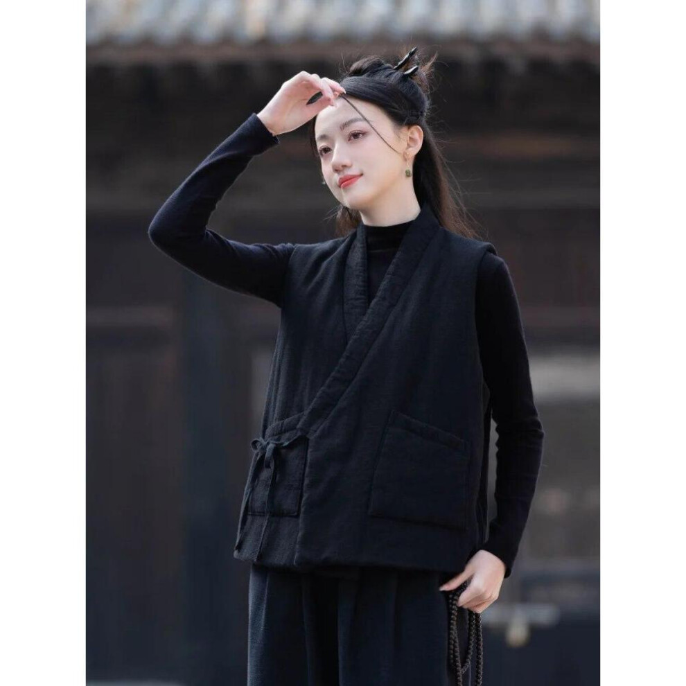 (black, One Size) Johnature Women Chinese Style Bandage Vests Coats V-neck Linen Pockets Solid Color Plus Cotton Clothes Autumn Vests