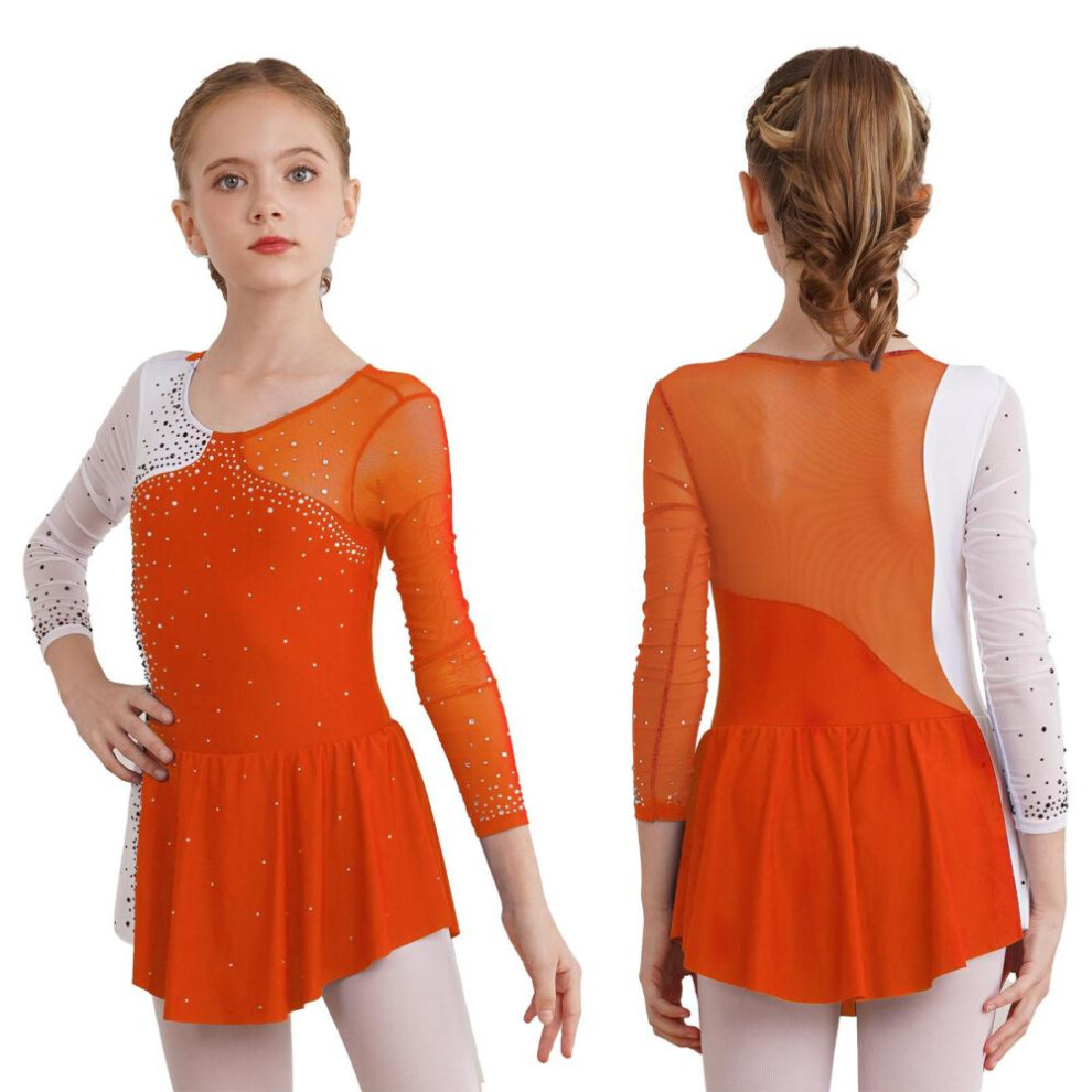 (orange, 11-12 Years) Fancy Girls&apos; Ice Skating Leotard Dress Kids Long Sleeve Shiny Rhinestone Ballet Gymnastics Dance Dress Dancing Clothes