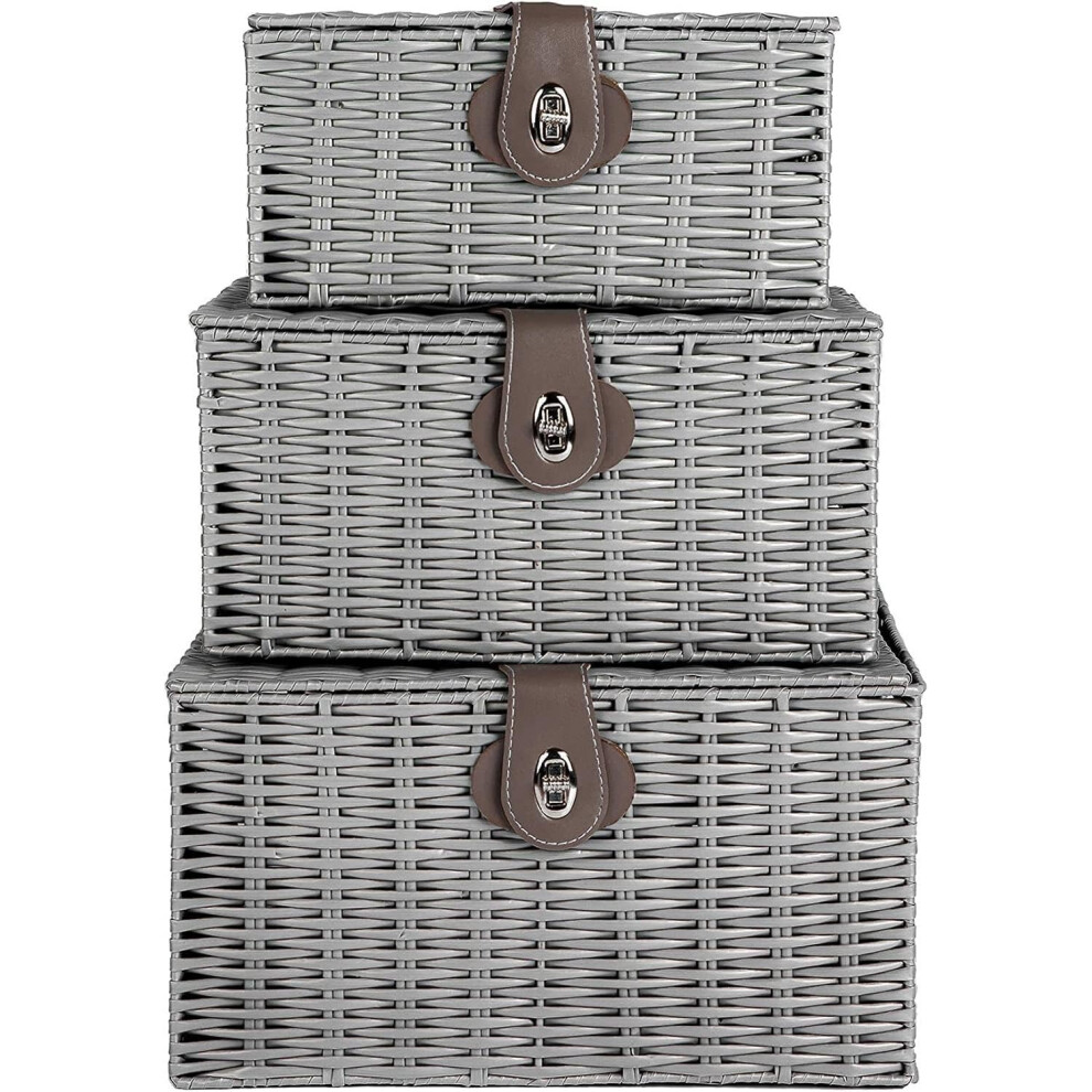 (Grey) MantraRaj Woven Resin Wicker Hamper Basket Set Of 3 Storage Baskets Hamper Box With Lid & Lock Decorative Hamper Set