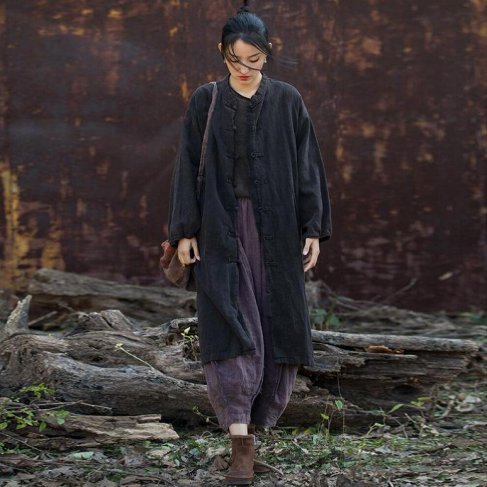 (black, One Size) Johnature Women Vintage Trench Stand Long Sleeve Solid Color Button Autumn Coats Loose Chinese Style Women Trench