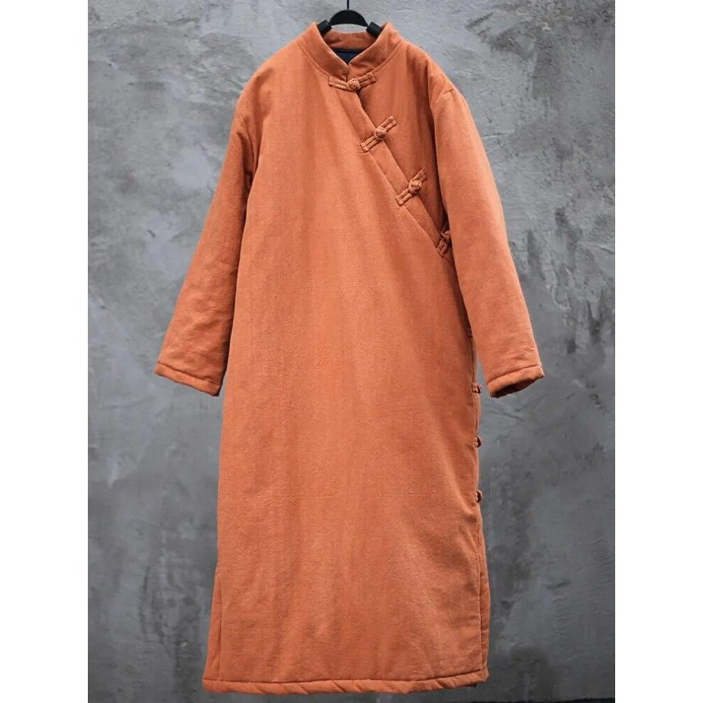 (orange, One Size) Johnature Women Chinese Style Parkas Stand Long Sleeve Robes Warm Winter Coats Solid Color Cotton Linen Plus Cotton Parkas