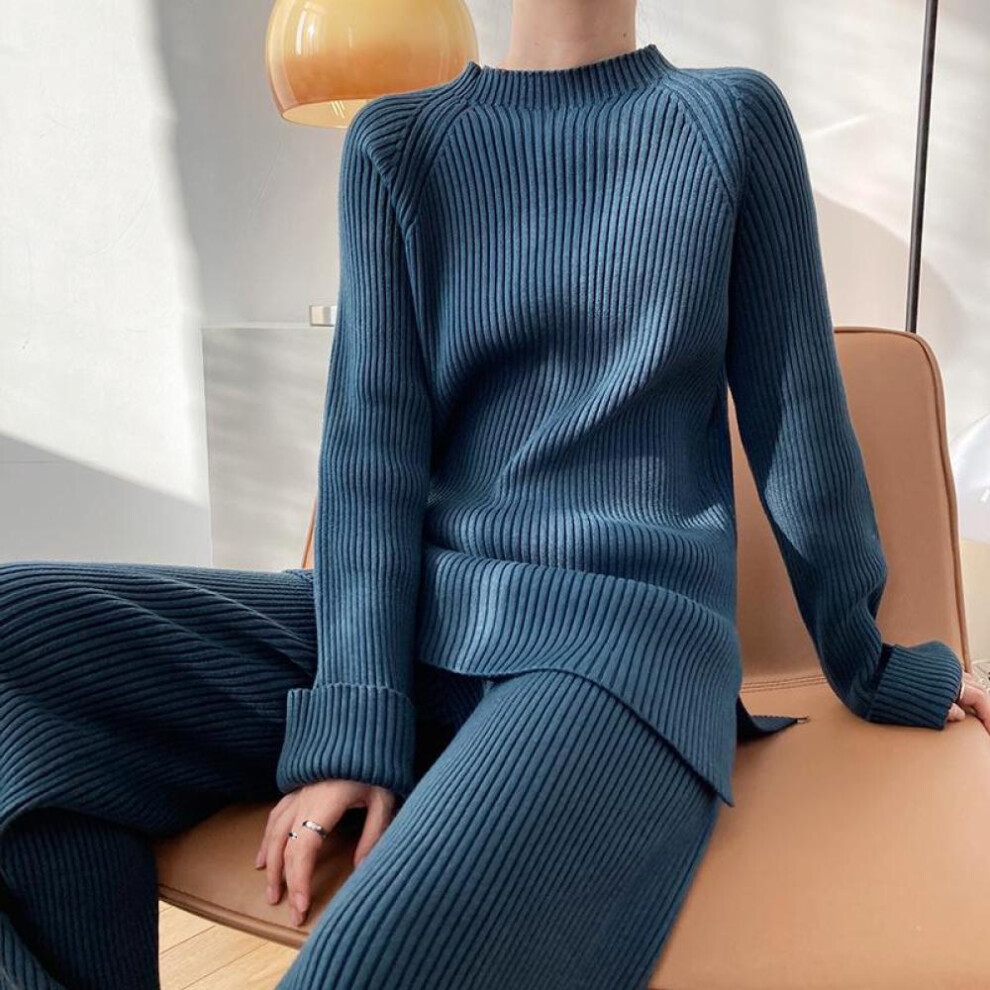 (blue, One Size) Side Slit Knitted Sweater Women Musilm Sets Warm Trousers Wide-leg Pants Two-piece Suit Elegant Femme Modest Islamic Clothing
