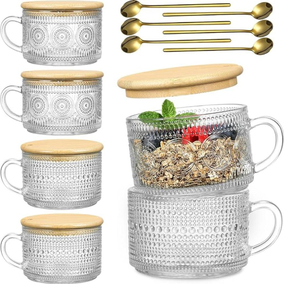 (as the picture, 6 Pcs) 2/4/6pcs Glass Coffee Cups With Bamboo Lids And Spoons Vintage Coffee Mugs Set 14 Oz Clear Embossed Glassware Tea Cups