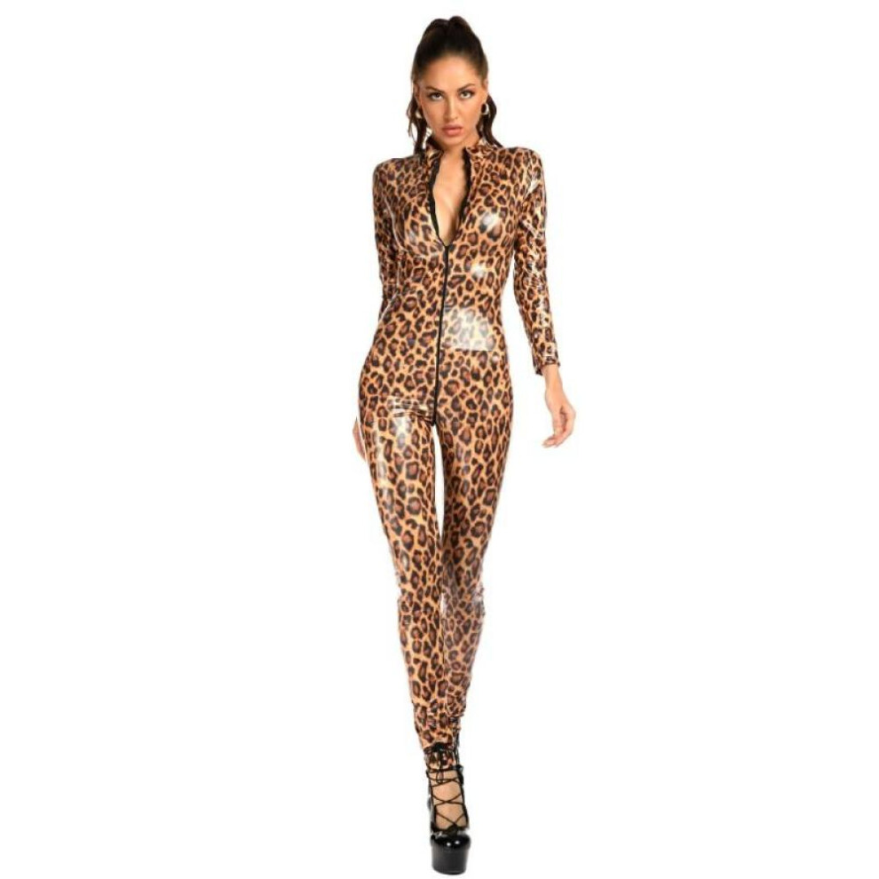 (leopard, L) Women Leopard Bodysuit Wet Look Faux Leather Catsuit Zipper Open Crotch Jumpsuit Mistress Sex Costumes