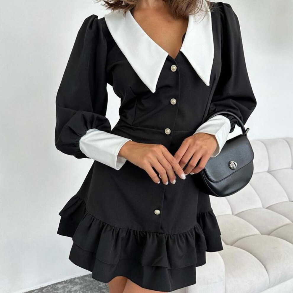 (black, L) Elegant Black Ruffled Patchwork Mini Dress For Women High Waist V-neck Slim Fashion Elegant Party Dress With Ruffled Ladies Vestidos