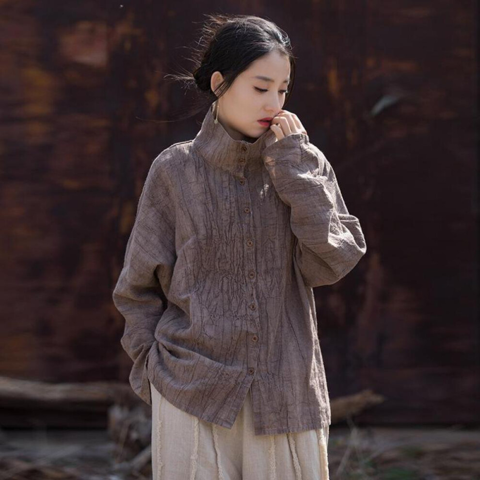 (purple, One Size) Johnature Women Vintage Half Hight Collar Shirts Tops Long Sleeve Button Blouses Spring Loose Chinese Style Shirts