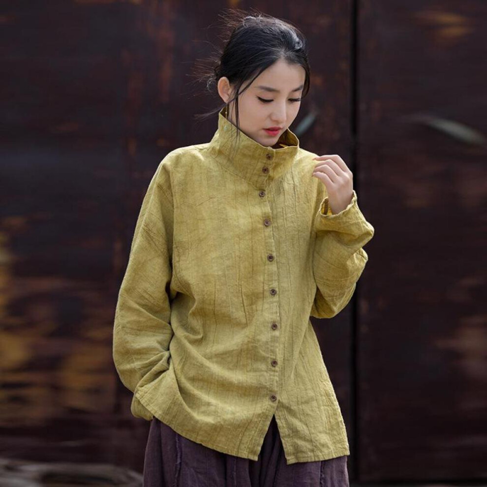 (yellow, One Size) Johnature Women Vintage Half Hight Collar Shirts Tops Long Sleeve Button Blouses Spring Loose Chinese Style Shirts