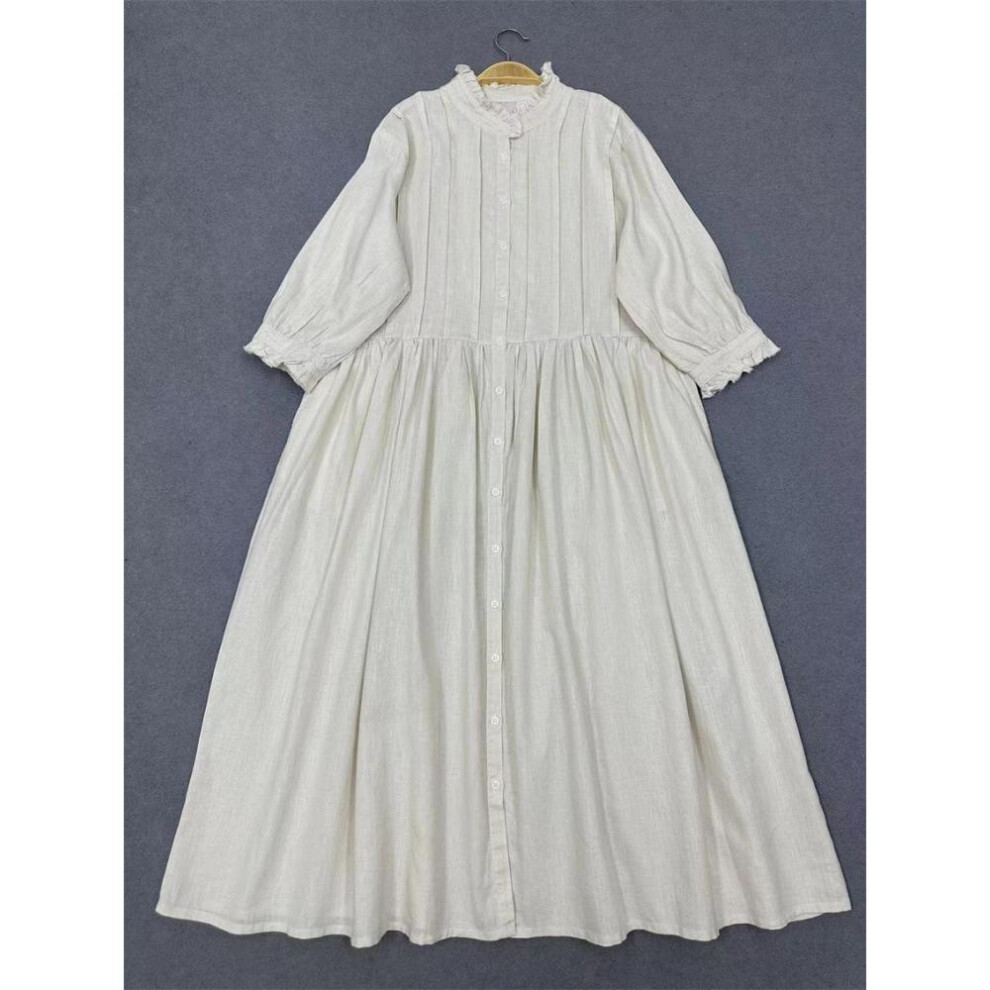 (beige, One Size) Johnature Japanese Summer Fungus Edge Stand Collar Pressed Pleated Dresses Loose Vintage Women Dresses