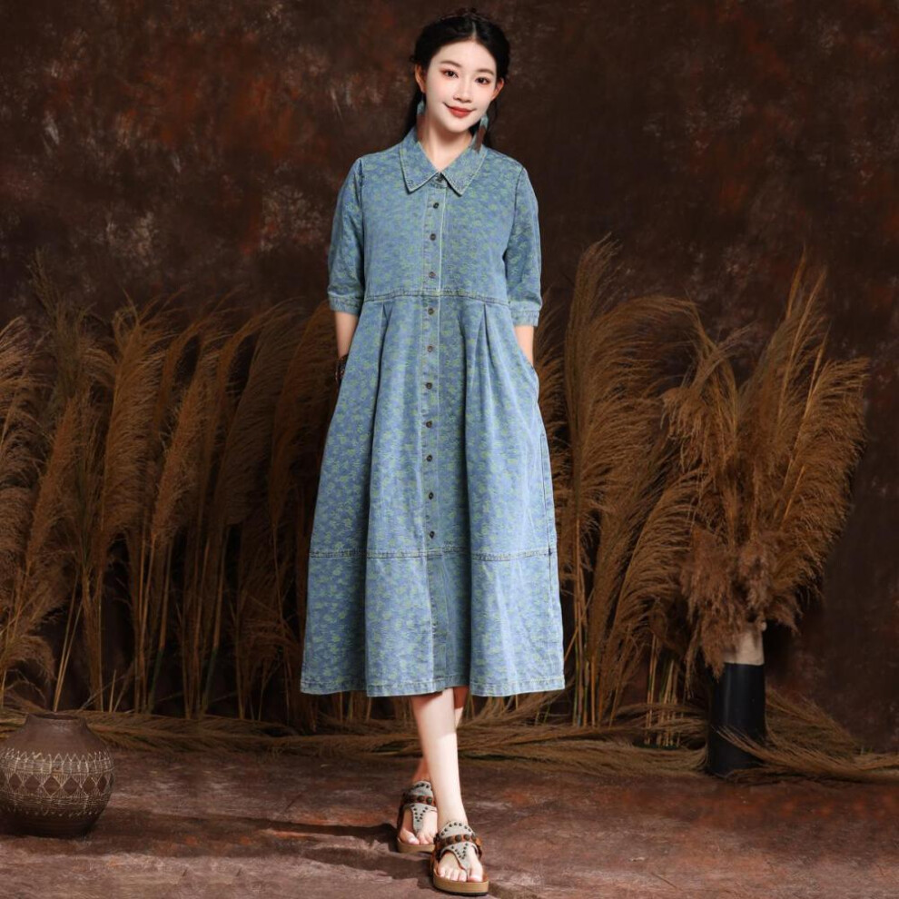 (light blue, M) Johnature Fashion Lapel Floral Single Breasted Dress Summer Women Half Sleeve Chinese Style Vintage Cowboy Dress