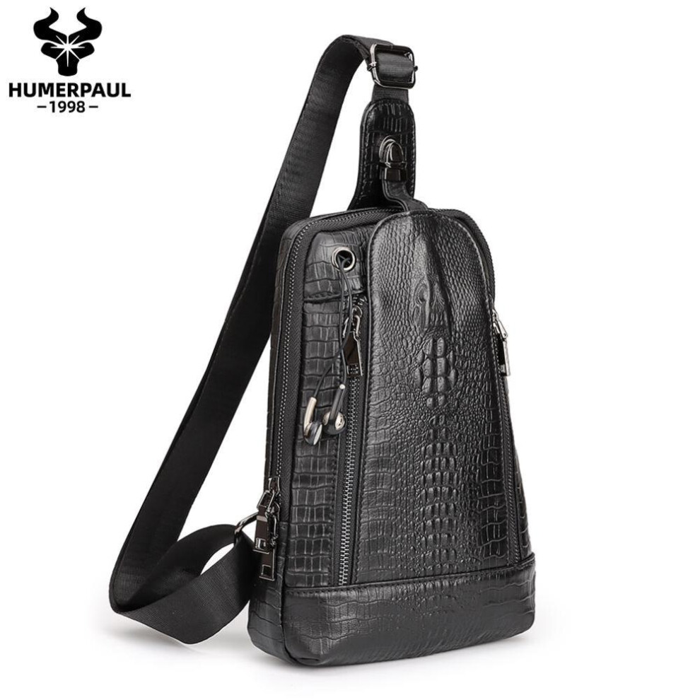 (black) Humerpaul Crocodile Print Men Leather Chest Bag Large Capacity Sports Bag