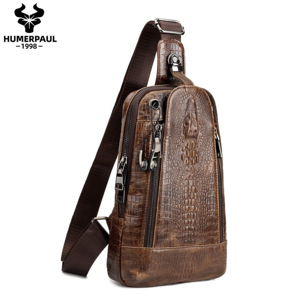 (coffee) Humerpaul Crocodile Print Men Leather Chest Bag Large Capacity Sports Bag