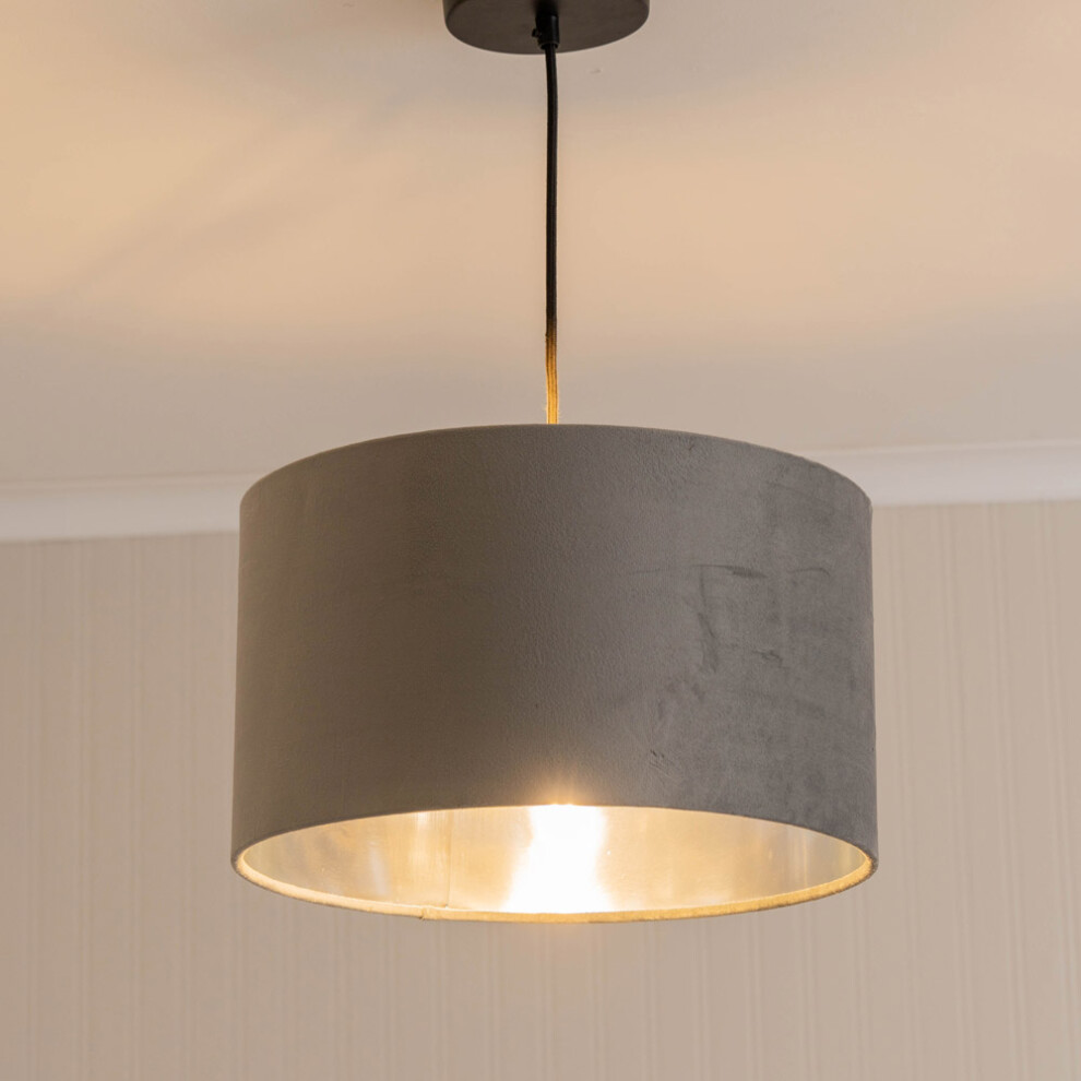 ValueLights Reni Med Grey Velvet with Chrome Ceiling Lamp Shade & Bulb