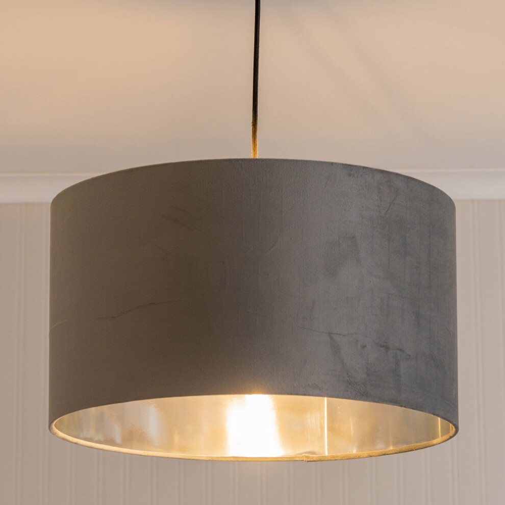 ValueLights Reni Large Grey Velvet Chrome Ceiling Lamp Shade & Bulb