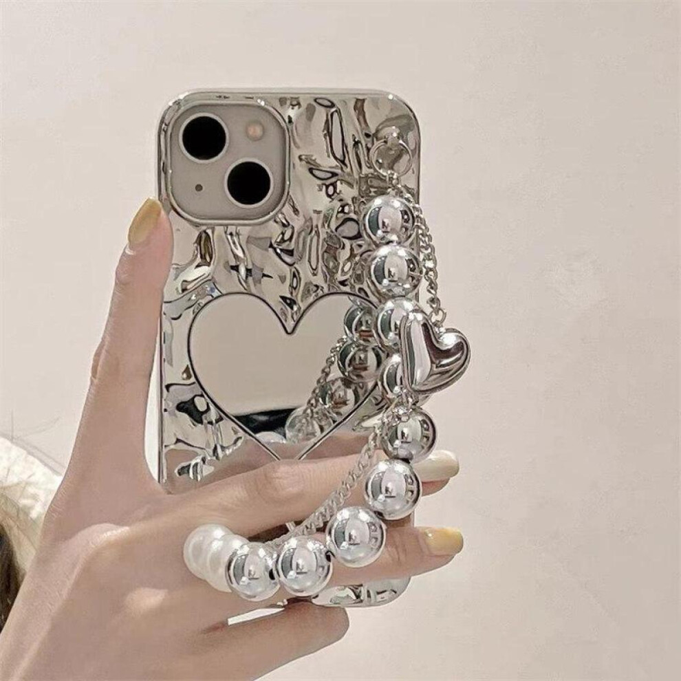 (as the picture, iPhone 14) Luxury Electroplated Pleated Heart Mirror Bracelet Case For Iphone 15 14 13 12 11 Pro Max Xs Xr 7 8plus All-inclusive Fall Protection Cover