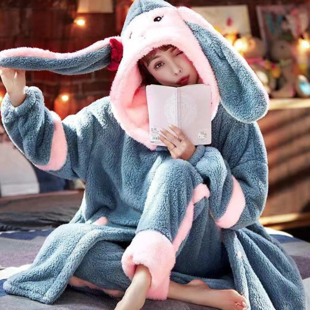 (blue, XL) Winter Flannel Pajamas Set For Women Animal Thick Warm Cute Long Sleeves Sleepwear Loose Pyjamas Suit Homewear Clothes