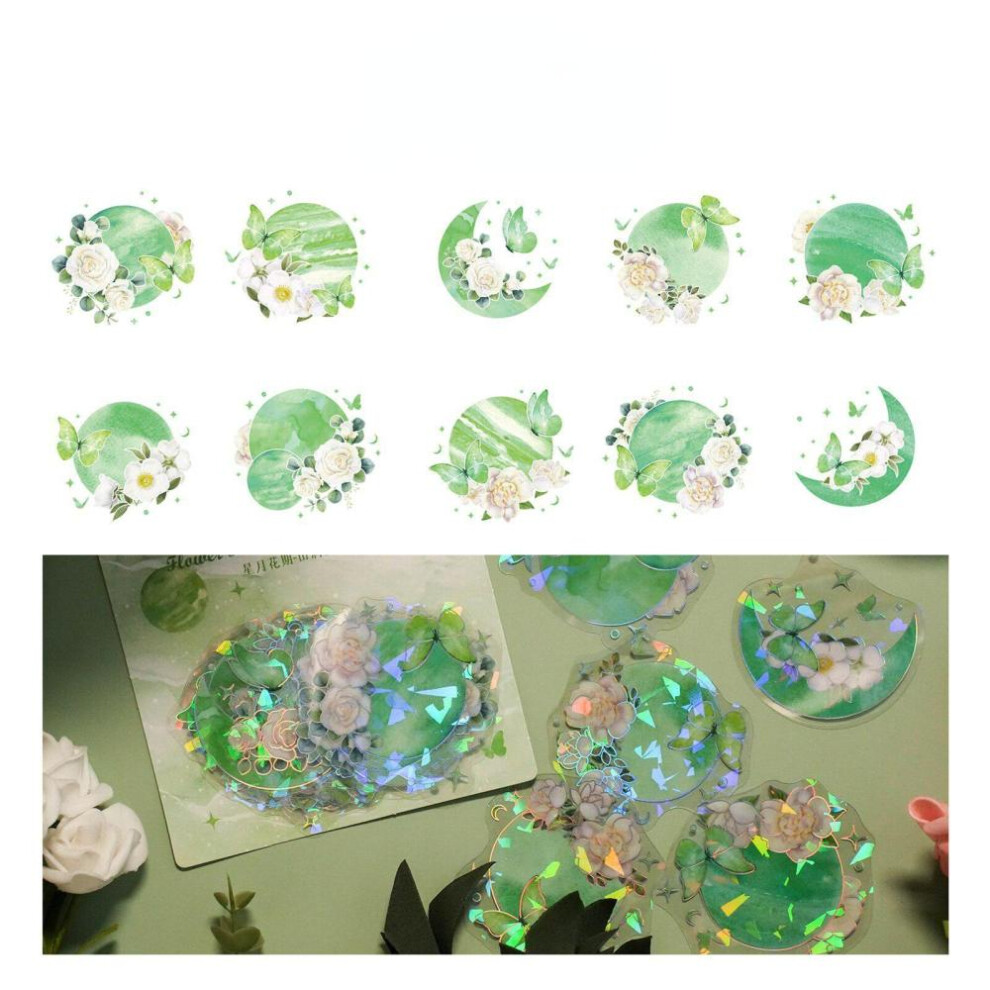 (green) 20pcs Laser Star Moon Flower Series Sticker Diy Art Scrapbooking Creative Material Label Diary Phone Decorative Journal Decals