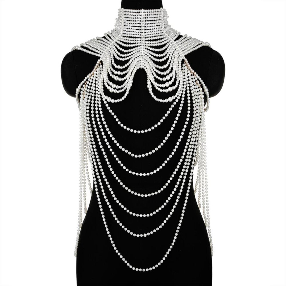 (white) Women Layered Faux Pearl Bib Necklace Collar Beads Tassel Jewelry Shoulder Chain
