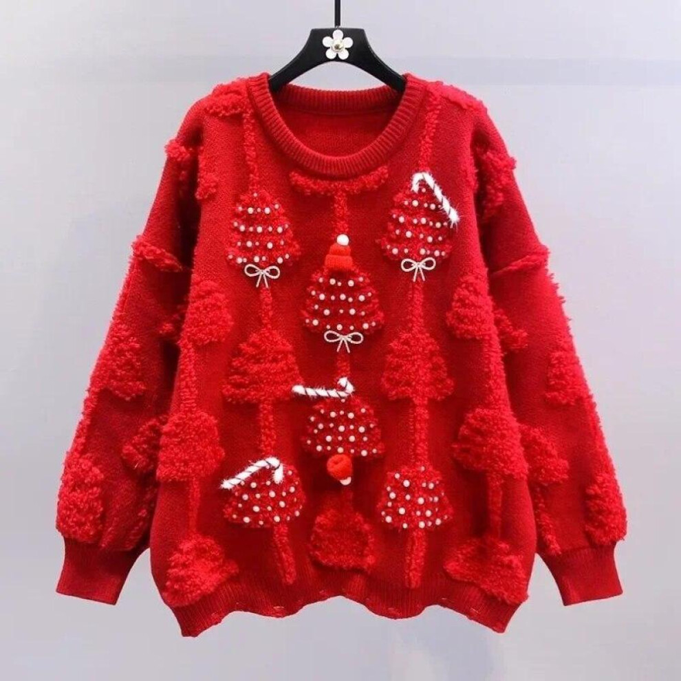 (red, One Size) Women Sweater Heavy Craft Nail Red Christmas Tree Knit Jumpers Lady Autumn Winter Loose Knitted Tops Thick Sueter Mujer