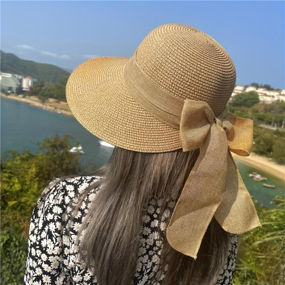 (khaki) Boho Bowknot Straw Hat Simple Solid Color Sun Hats Outdoor Travel Beach Hats For Women Girls