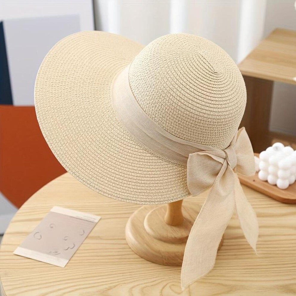 (beige) Boho Bowknot Straw Hat Simple Solid Color Sun Hats Outdoor Travel Beach Hats For Women Girls