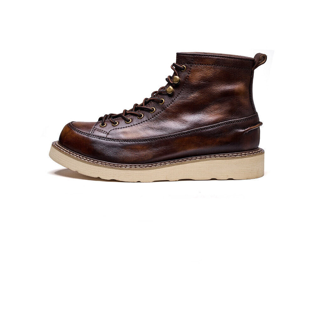 (Coffee, US9.5=UK8.5=EUR43) Retro British Mens Lace Up Real Leather Ankle Boots Workwear Shoes Western Style