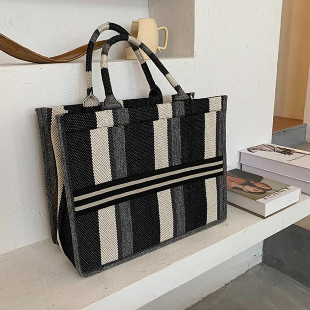 (black, big size) Fashion Tote Bag Plaid Shopping Bag Large Capacity Canvas Bag Handbag Women&apos;s Bag Shoulder Bag