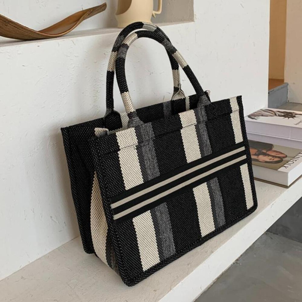 (black, small size) Fashion Tote Bag Plaid Shopping Bag Large Capacity Canvas Bag Handbag Women&apos;s Bag Shoulder Bag