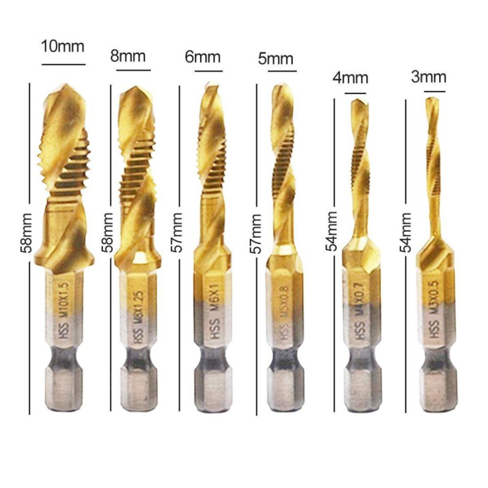 (gold) Hss Thread Spiral Screw Metric Composite Tap Drill Bit 6pcs 1/4 Hex Shank Tap M3 M4 M5 M6 M8 M10 Woodworking Tool