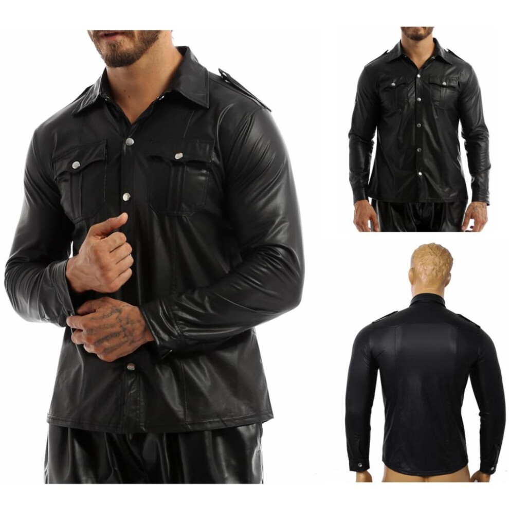 (2XL) Men Faux Leather Shirts Pu Leather Long Sleeve Shirts Men Sexy Fitness Tops Gay Latex Shirts Mens Stage Tops Sexy Party Clubwear