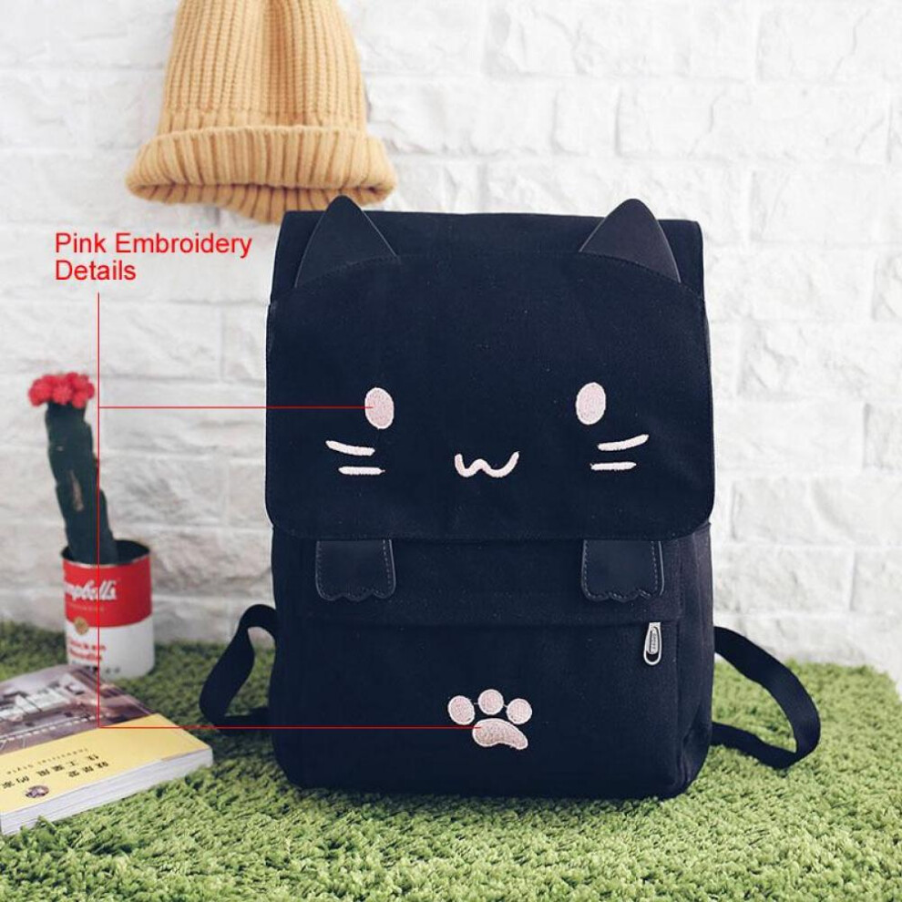 (pink) Scione Cute Cat Canvas Backpack Cartoon Embroidery Teenage Girls School Fashio Rucksack Mochilas Bag