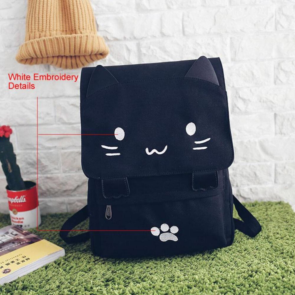 (black) Scione Cute Cat Canvas Backpack Cartoon Embroidery Teenage Girls School Fashio Rucksack Mochilas Bag