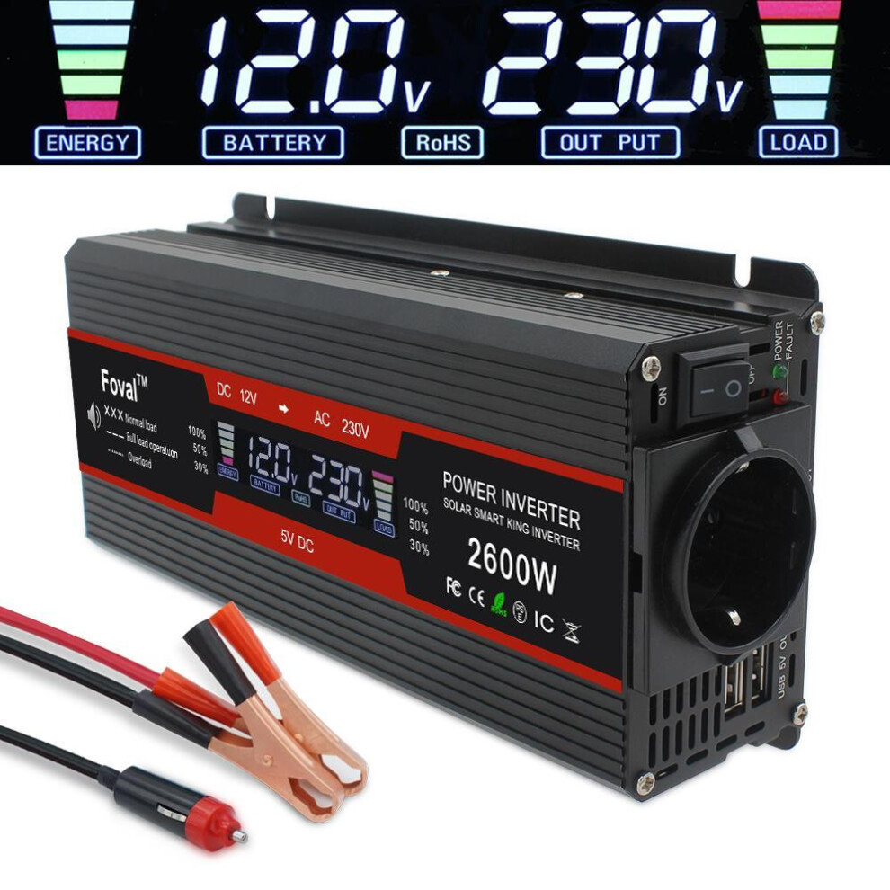 (black, 12V 230V EU Socket) 2600w (peak) 12v To 230v 1000 Watt Rated Vehicle Power Inverter With Lcd Display For Automotive, Automotive Rv Truck Off-grid Solar Systems