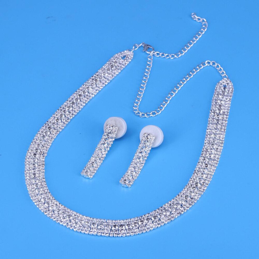 (silver) Fashion Luxury Gold Rhinestone Necklace Earrings Jewelry Set Bridal Wedding Romantic Jewelry Necklace