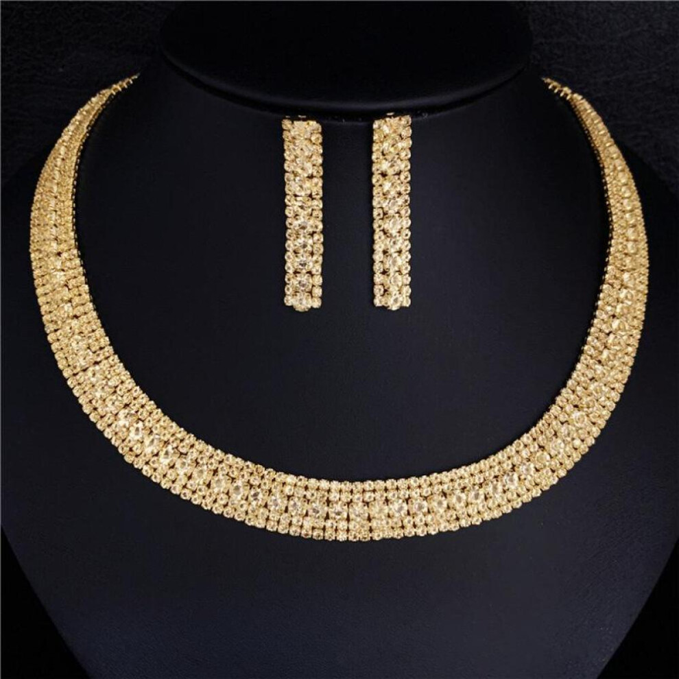 (gold) Fashion Luxury Gold Rhinestone Necklace Earrings Jewelry Set Bridal Wedding Romantic Jewelry Necklace