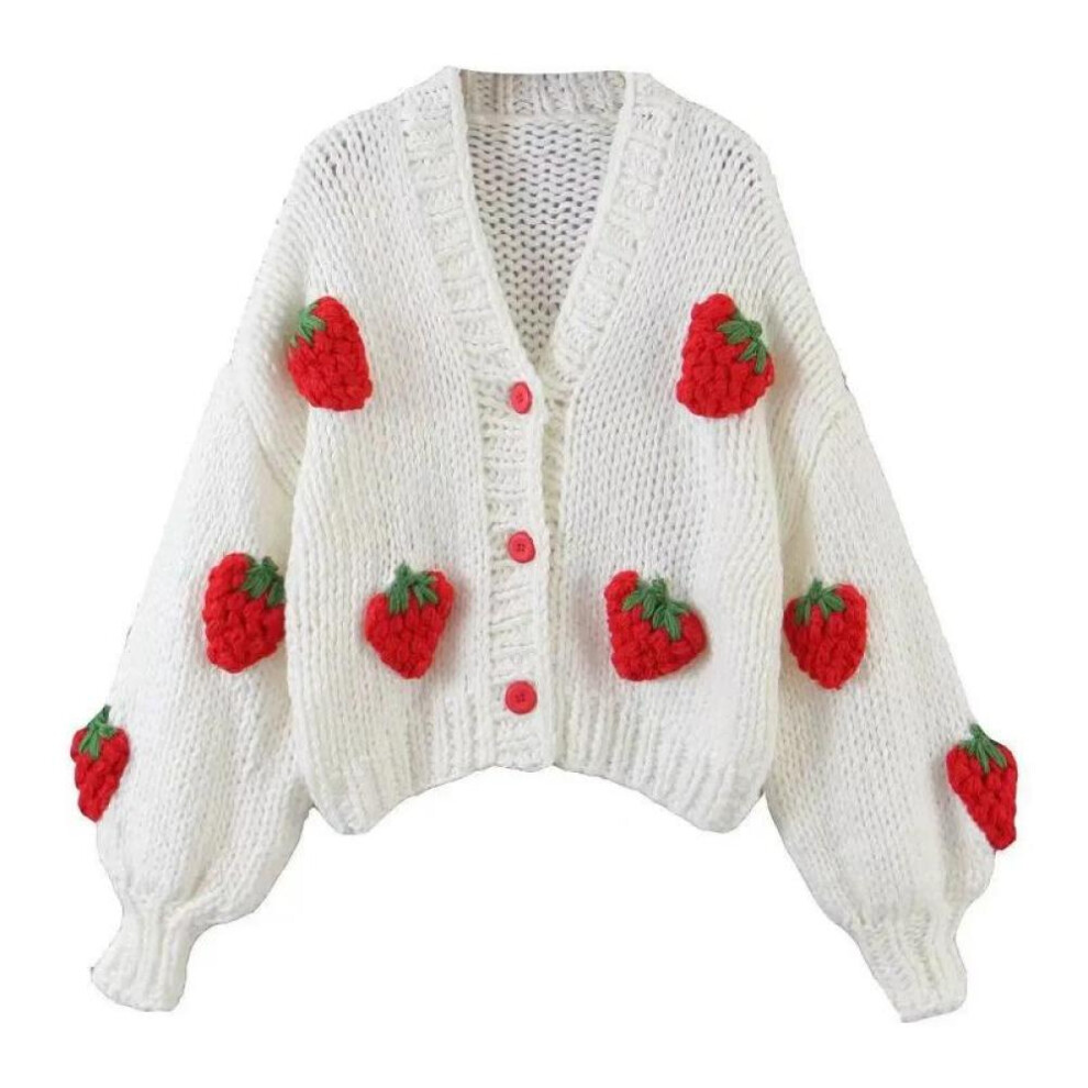 (orion, One Size) Autumn Womens Clothes Fashion Embroidery Strawberry Knitted Sweater Cardigan Sweet V-neck Lantern Long Sleeve Loose Cardigans Coat 29792