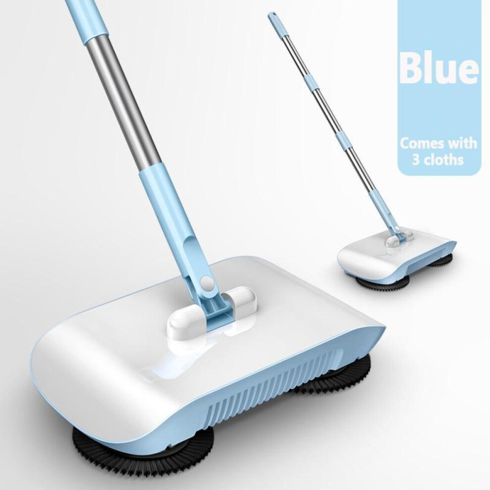 (blue, Comes with 3 cloths) Household Floor Sweeper With Dustpan Set 2 In 1 Machine Cleans Dust Manual Hand Push Mop Vacuum Cleaner