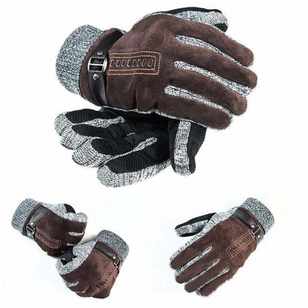(coffee) Mens Winter Warm Gloves Leather Thicken Cotton Windproof Driving Mittens