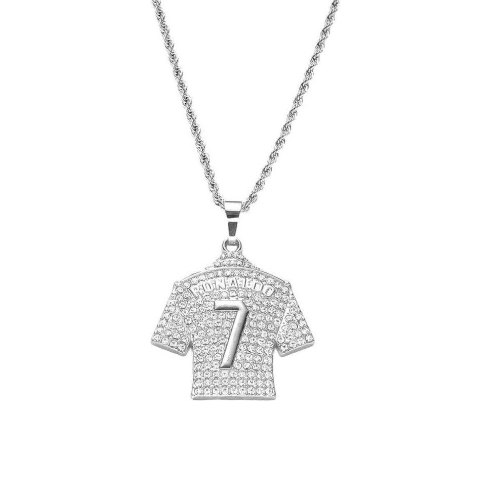 (silver) European Hip Hop Personality Trend Full Diamond No. 7 Jersey Pendant Three-dimensional Men&apos;s Necklace