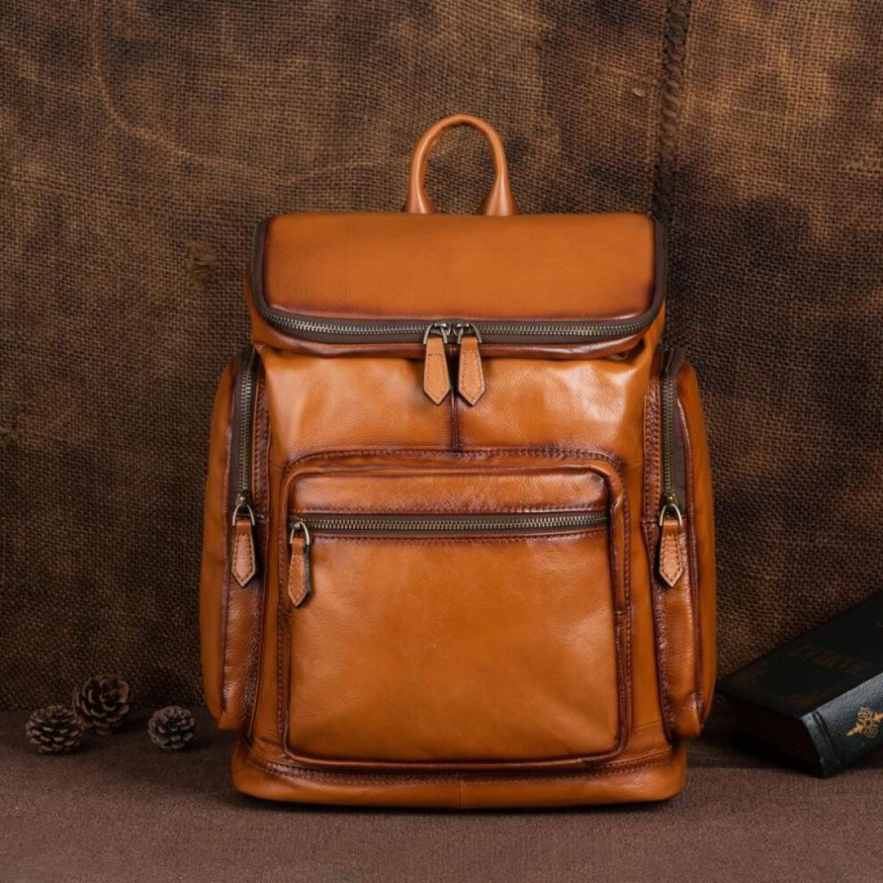 (brown) Johnature Vintage Genuine Leather Men Backpack Large Capacity Outdoor Travel Bags Natural Soft Cowhide Fashion Laptop Backpacks