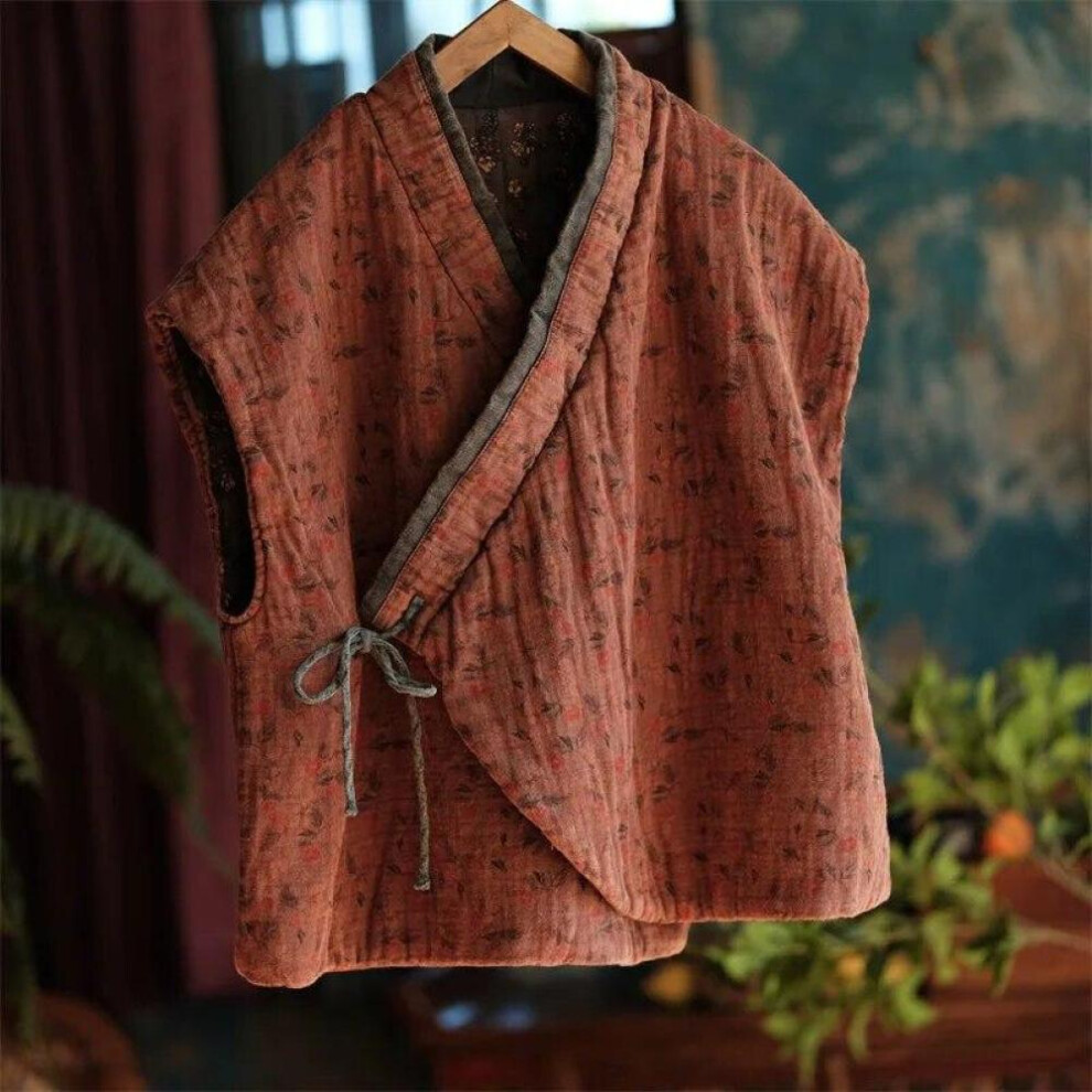 (dark brown, One Size) Johnature Women Vintage Bandage Plus Cotton Vests Coats V-neck Sleeveless Winter Clothes Warm Women Chinese Style Vests