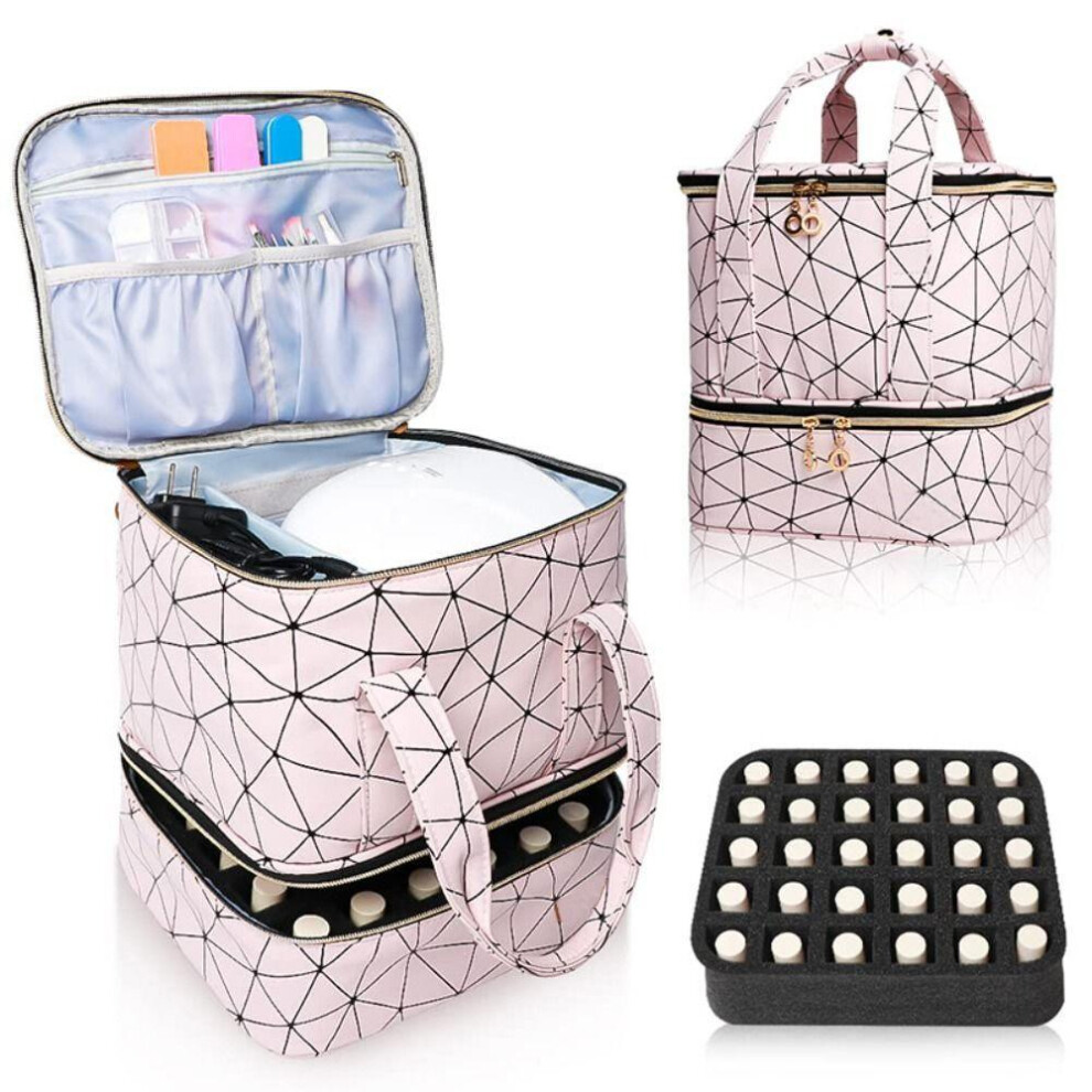 (pink) Pu Nylon Nail Organizer Double Layer Cosmetic Organizer Bag New Makeup Bag  Nail Polish Gel